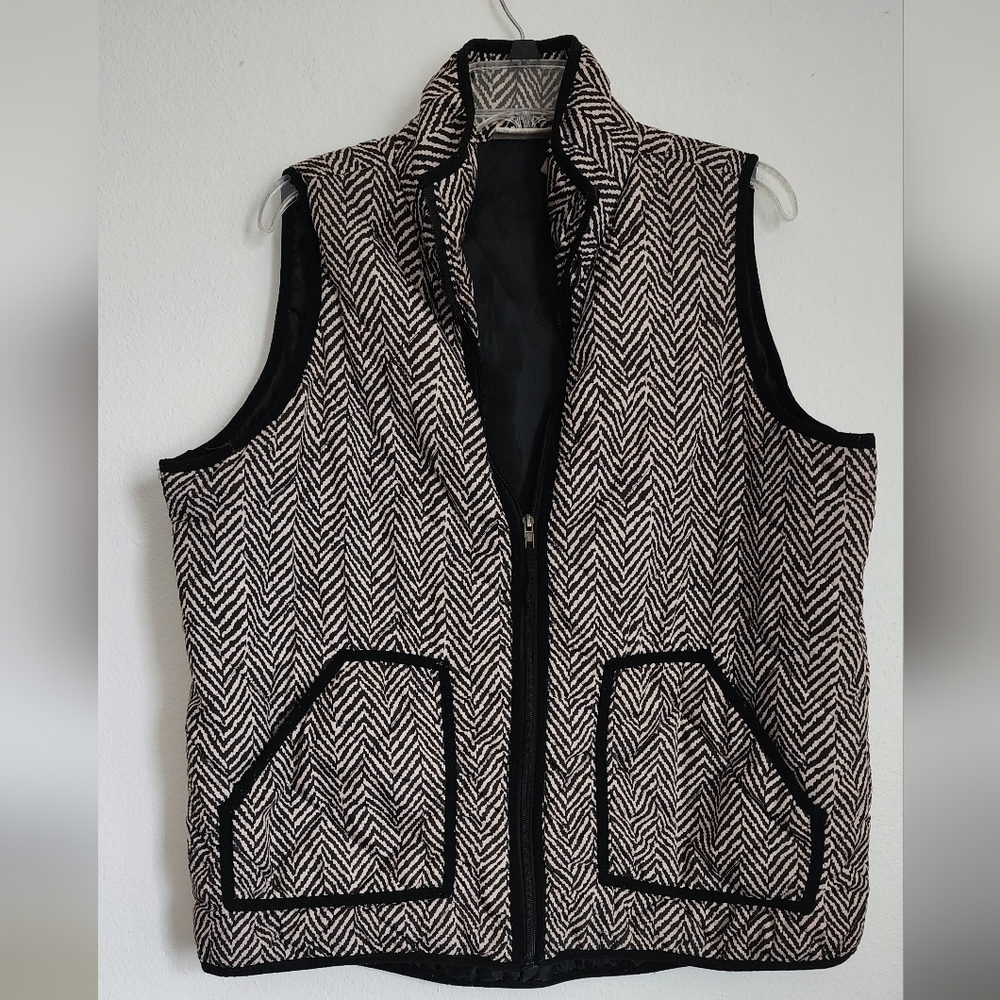 Vintage Fresh Vest Women's Black Beige Chevron Full Zip Pockets Sz 1X
